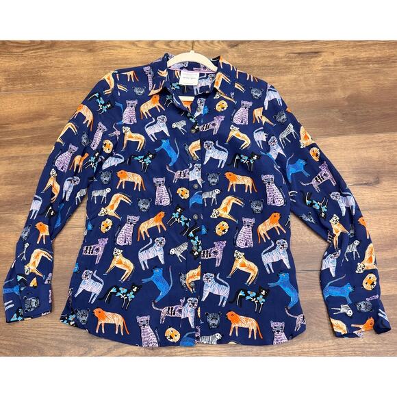 Anthropologie Carolyn Gavin Mariposa Silk Blouse in Blue Jungle Cat Print size 4 - Picture 2 of 10